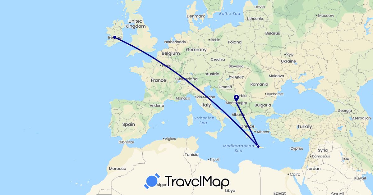 TravelMap itinerary: driving in Greece, Ireland, Montenegro (Europe)